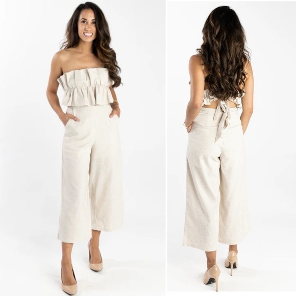 Aura Pants - Azura Beige Ruffle Open Back Pockets Linen Capri Wide Leg Jumpsuit Small